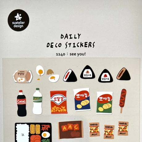 Suatelier Sticker Sheet - See You

This charming set is filled with cute snack‑themed illustrations—think little treats, cozy bites, and delightful food moments that bring warmth to any page. Known for their soft colors and playful aesthetic, Suatelier stickers add an instant dose of warmth and whimsy wherever you place them.

Package measures approx. 8" x 3.5"
Includes 1 sticker sheet