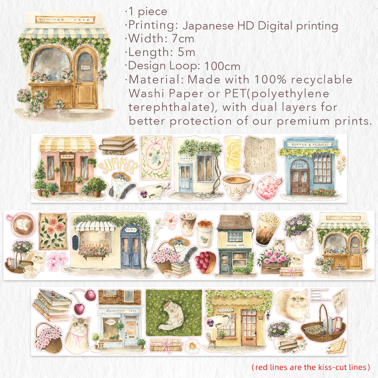 Step into a world where nature and comfort collide. Our Summer Café Wide Tape transforms your stationery into a bustling garden bistro, teeming with life, blooming flowers, and the true owners of the cafe: the cats.

This whimsical design weaves together the architecture of charming coffee shops with the wild beauty of summer florals. Nestled among the potted plants and open doors, you’ll find hand-painted cats exploring, sleeping, and playing.&nbsp;
