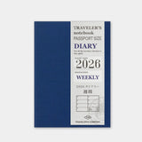 This is the 2026 DIARY Weekly for TRAVELER’S notebook Passport Size. The entire week is divided into a horizontal layout across two pages of the Passport Size notebook. It can be used as a mini diary or a planner that you can carry around with you everywhere. A monthly calendar view is also included on each page for you to reference important dates related to the week. This notebook includes dated pages for the second half of 2026: the months of July through December.

MD paper is used for this notebook so 