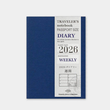 This is the 2026 DIARY Weekly for TRAVELER’S notebook Passport Size. The entire week is divided into a horizontal layout across two pages of the Passport Size notebook. It can be used as a mini diary or a planner that you can carry around with you everywhere. A monthly calendar view is also included on each page for you to reference important dates related to the week. This notebook includes dated pages for the second half of 2026: the months of July through December.

MD paper is used for this notebook so 