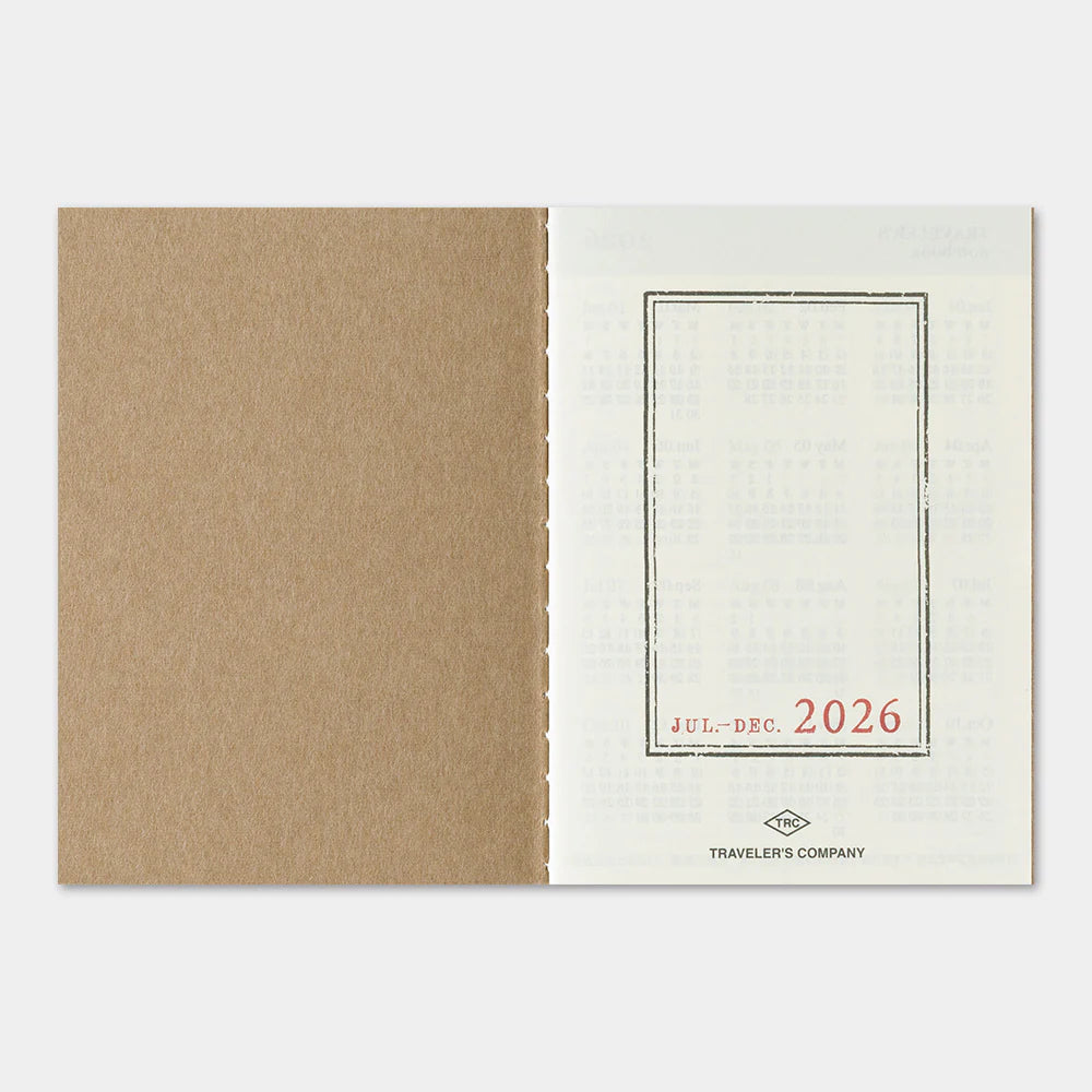 This is the 2026 DIARY Weekly for TRAVELER’S notebook Passport Size. The entire week is divided into a horizontal layout across two pages of the Passport Size notebook. It can be used as a mini diary or a planner that you can carry around with you everywhere. A monthly calendar view is also included on each page for you to reference important dates related to the week. This notebook includes dated pages for the second half of 2026: the months of July through December.

MD paper is used for this notebook so 