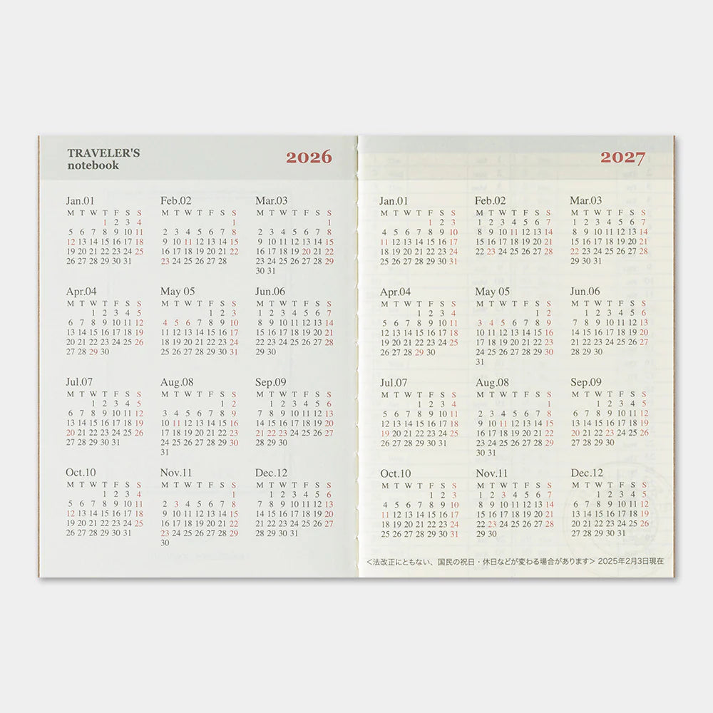 This is the 2026 DIARY Weekly for TRAVELER’S notebook Passport Size. The entire week is divided into a horizontal layout across two pages of the Passport Size notebook. It can be used as a mini diary or a planner that you can carry around with you everywhere. A monthly calendar view is also included on each page for you to reference important dates related to the week. This notebook includes dated pages for the second half of 2026: the months of July through December.

MD paper is used for this notebook so 