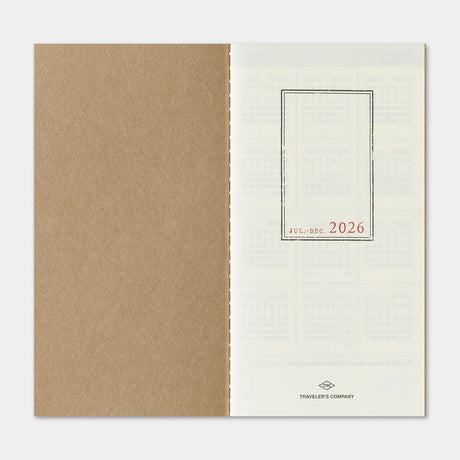 This is the 2026 DIARY Weekly and Memo for TRAVELER’S notebook. It includes a weekly Diary layout with plenty of memo space on each page. On the left side, you have a section where you can write your plans and schedule in the horizontal weekly layout. On the right side, a full page of grid memo section can be used to take notes, add extra writing, or create fun drawings or doodles. This notebook includes dated pages for the second half of 2026: the months of July through December.

MD paper is used for this