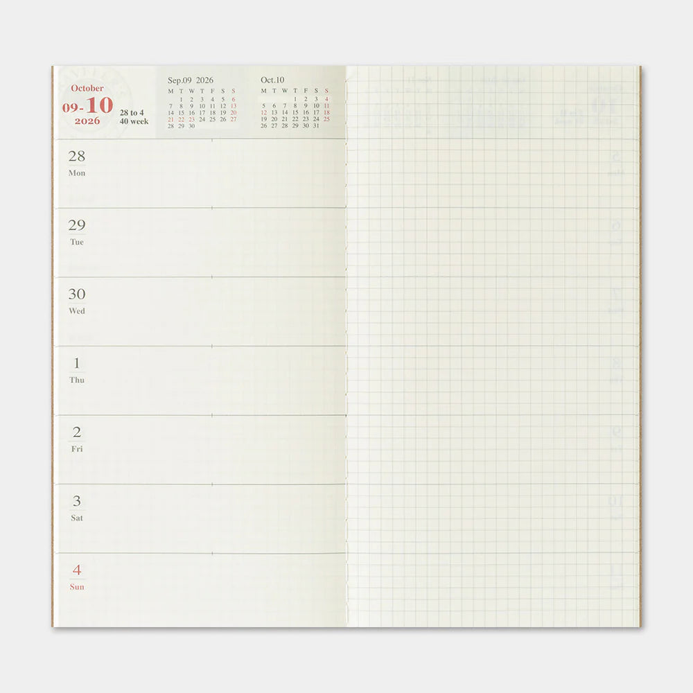 This is the 2026 DIARY Weekly and Memo for TRAVELER’S notebook. It includes a weekly Diary layout with plenty of memo space on each page. On the left side, you have a section where you can write your plans and schedule in the horizontal weekly layout. On the right side, a full page of grid memo section can be used to take notes, add extra writing, or create fun drawings or doodles. This notebook includes dated pages for the second half of 2026: the months of July through December.

MD paper is used for this