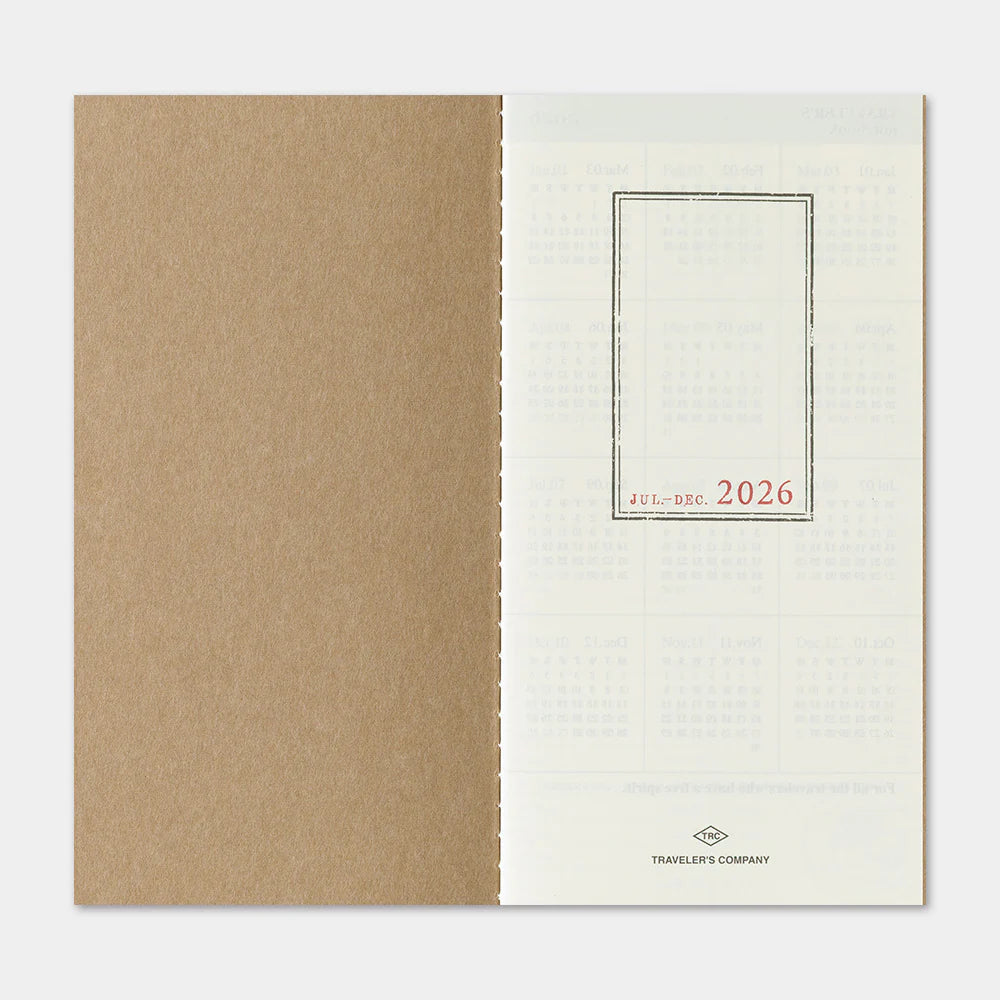 This is the 2026 DIARY Weekly Vertical for TRAVELER’S notebook. The Vertical Diary layout utilizes a daily timeline that allows you to keep track of schedules on an hourly basis. A blank note section expands across the bottom of the layout for extra writing space. On the right edge, you can refer to other months of the year related to the page. This notebook includes dated pages for the second half of 2026: the months of July through December.

MD paper is used for this notebook so you can enjoy an excellen