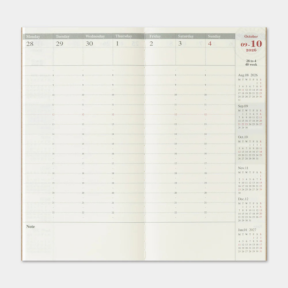 This is the 2026 DIARY Weekly Vertical for TRAVELER’S notebook. The Vertical Diary layout utilizes a daily timeline that allows you to keep track of schedules on an hourly basis. A blank note section expands across the bottom of the layout for extra writing space. On the right edge, you can refer to other months of the year related to the page. This notebook includes dated pages for the second half of 2026: the months of July through December.

MD paper is used for this notebook so you can enjoy an excellen