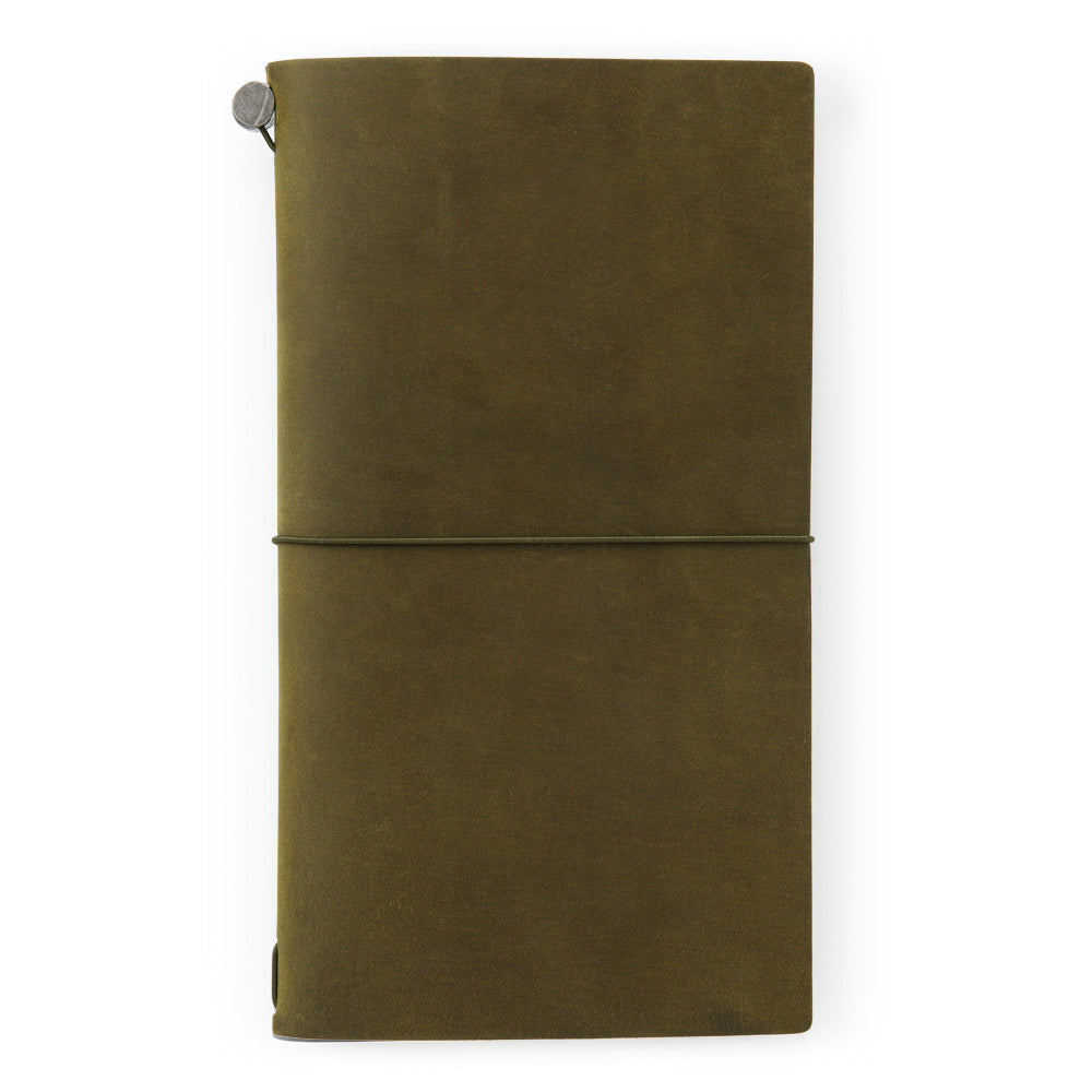 TRAVELER'S Notebook Olive (Regular Size) A closed TRAVELER'S Notebook in olive color, showing the leather cover and the metal band fastener.