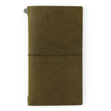 TRAVELER'S Notebook Olive (Regular Size) A closed TRAVELER'S Notebook in olive color, showing the leather cover and the metal band fastener.