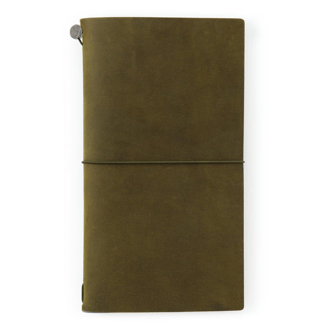TRAVELER'S Notebook Olive (Regular Size) A closed TRAVELER'S Notebook in olive color, showing the leather cover and the metal band fastener.