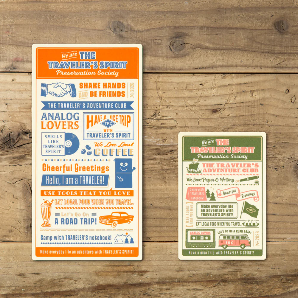 Plastic Sheet (or underlay sheet) is designed to let you write standing up by providing a sturdy surface underneath your page. This Plastic Sheet can be used with the Passport Size TRAVELER'S notebook. You can also use it as a bookmark to instantly open to a certain page. The stiff material of the sheet can help you draw straight lines as if it were a ruler.


The theme of the 2026 edition is THE TRAVELER'S SPIRIT, designed to reflect the spirit of the traveler.