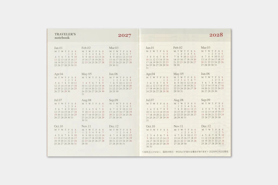 TRAVELER'S notebook 2027 Weekly Diary (Passport Size)

Welcome the upcoming year in high spirits with TRAVELER'S notebook 2027 Diary lineup where each notebook becomes unique by adding your personal flare!