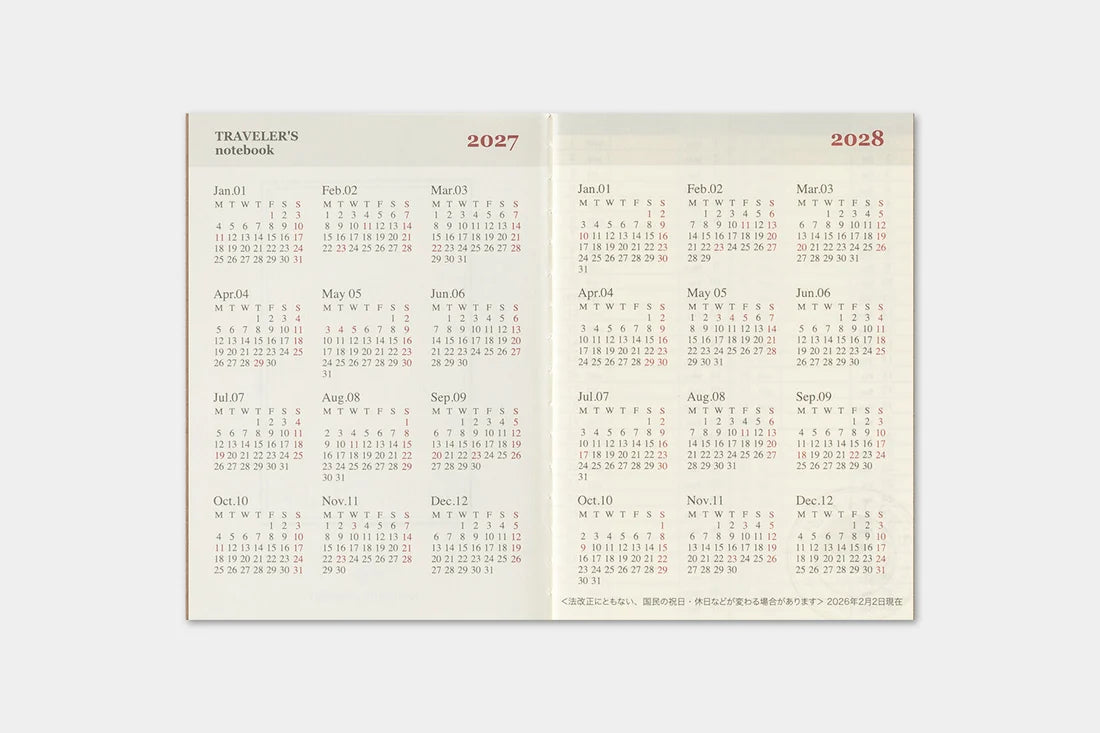 TRAVELER'S notebook 2027 Weekly Diary (Passport Size)

Welcome the upcoming year in high spirits with TRAVELER'S notebook 2027 Diary lineup where each notebook becomes unique by adding your personal flare!