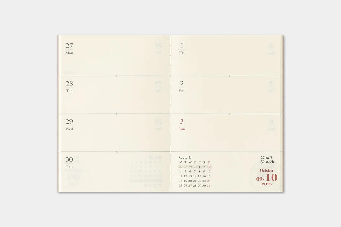 TRAVELER'S notebook 2027 Weekly Diary (Passport Size)

Welcome the upcoming year in high spirits with TRAVELER'S notebook 2027 Diary lineup where each notebook becomes unique by adding your personal flare!
