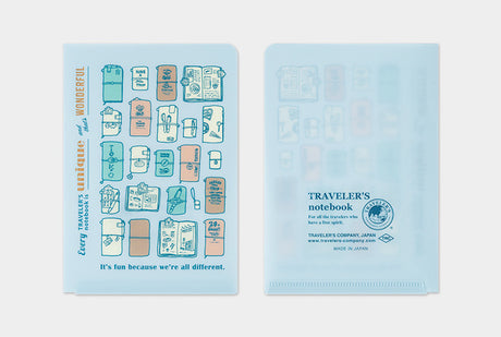 This clear folder features TRAVELER's theme for the year in which "Every TRAVELER'S notebook is unique and that's wonderful." Use this folder to hold stickers, business cards, tickets, stamps, and other scraps you may come across during your travels!