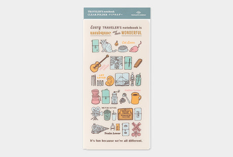 This clear folder features TRAVELER's theme for the year in which "Every TRAVELER'S notebook is unique and that's wonderful." Use this folder to hold stickers, notes, memos, postcards. and other scraps you may come across during your travels!