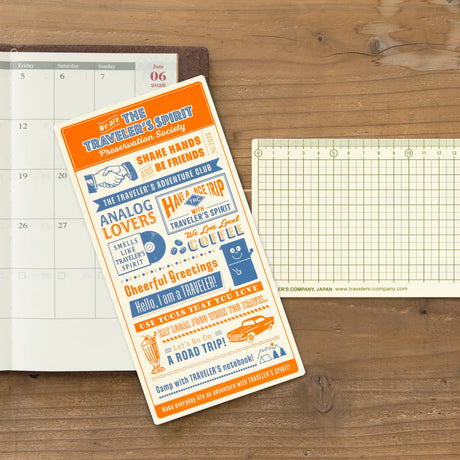 Plastic Sheet (or underlay sheet) is designed to let you write standing up by providing a sturdy surface underneath your page. You can also use it as a bookmark to instantly open to a certain page. The stiff material of the sheet can help you draw straight lines as if it were a ruler.


The theme of the 2026 edition is THE TRAVELER'S SPIRIT, designed to reflect the spirit of the traveler.