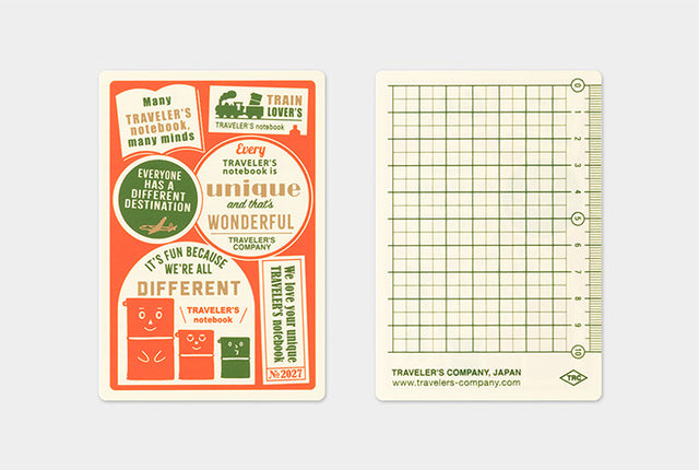 This is a useful plastic sheet for all sorts of situations while traveling, such as writing while standing, using it as a bookmark to instantly open to a certain page, and drawing straight lines with the edge. The theme of the 2027 edition is “Every TRAVELER’S notebook is unique and that’s wonderful.”