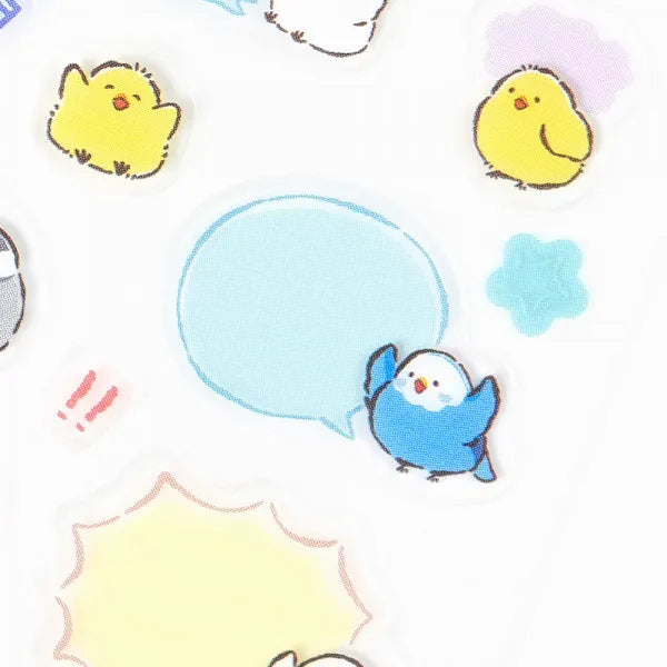 This sticker has a translucent and matte texture that blends in with the notebook.
It can be separated with perforations and carried as much as necessary.
The design is of birds chatting about their plans and notes.

1 Sheet included
165× 90mm
Transparent seal