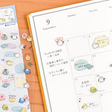 This sticker has a translucent and matte texture that blends in with the notebook.
It can be separated with perforations and carried as much as necessary.
The design is of birds chatting about their plans and notes.

1 Sheet included
165× 90mm
Transparent seal