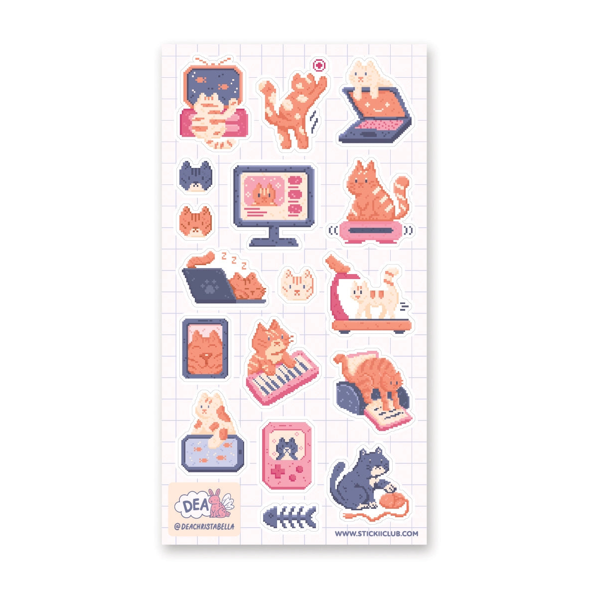 🐈 Cats can be tech-savvy too! From snapping a purrfect selfie to playing with a computer mouse, these cool cats by @deachristabella not only have tons of fun with electronics, but are made up of pixels themselves! Art by: @deachristabella

Top Coating: Holo Glitter
Adhesive Layer: Paper
Backing Layer: Clear PET
6.69" x 3.54".
Weight - 0.03lbs
1 sheet included