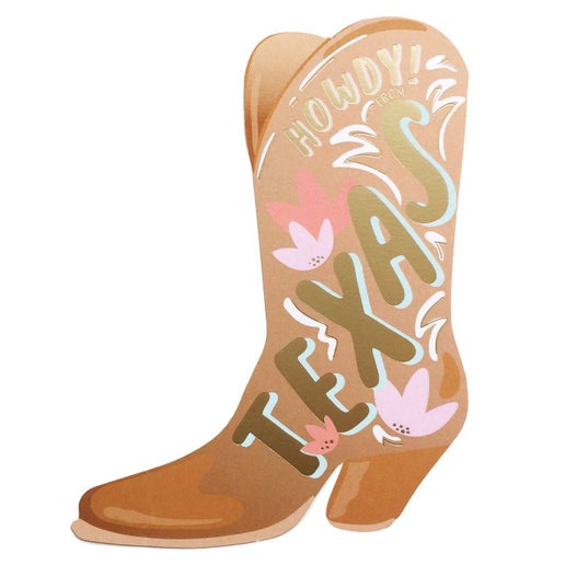 Tarjeta de felicitación troquelada con diseño de bota de Texas