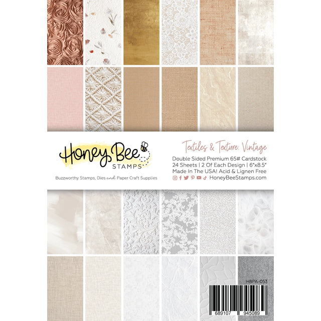 Add a charming vintage vibe to your cards and paper crafts with our exclusive 6"x8.5" cardstock pads! Featuring delicate lace, textiles, and stunning vintage gold and marble designs, this paper pad brings a touch of glamour to any project. It includes 24 double-sided sheets with 24 coordinating patterns, all printed on smooth satin finish 65# cover cardstock for a rich, luxurious feel. Acid and lignin-free for lasting quality. Made with love in the USA!