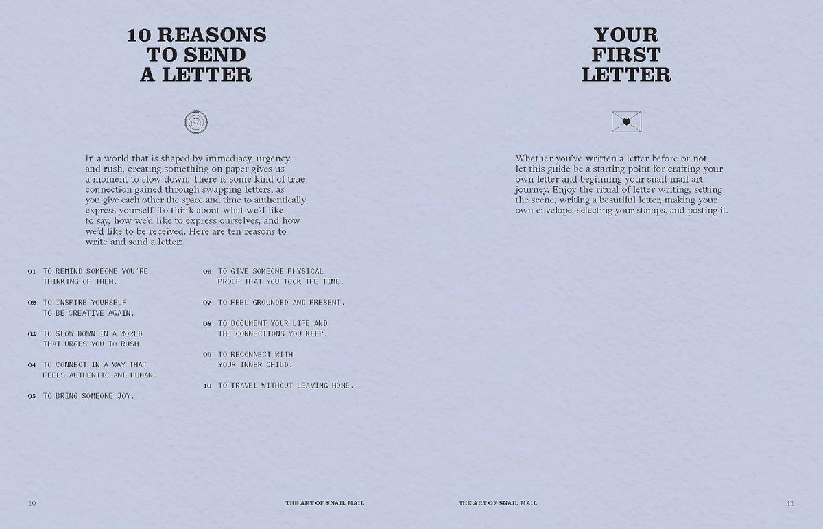 Whether you're new to snail mail or already love writing letters, collecting beautiful stationery and creating meaningful keepsakes, The Art of Snail Mail is your inspiring guide to slowing down, getting creative and connecting with the people you care about through the art of handwritten correspondence.