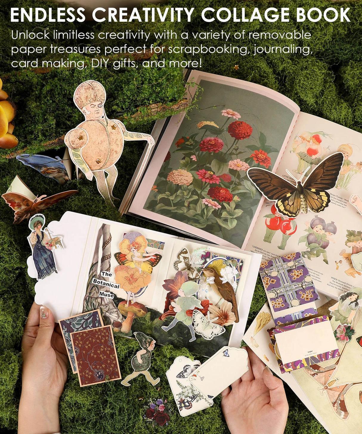 Immerse yourself in an artistic realm where nature and enchantment intertwine with this luxuriously thick collage book! Featuring curated artworks from 22 master artists across 200+ pages of diverse premium papers, we invite you on a captivating journey themed "The Botanical Muse" – unlocking infinite possibilities for art, journaling, and timeless creative delight!


We've divided this collage book into five captivating sections:
 * The Ethereal Gate 
 * The Flora's Tapestry 
 * Beneath the Boughs 
 * The 