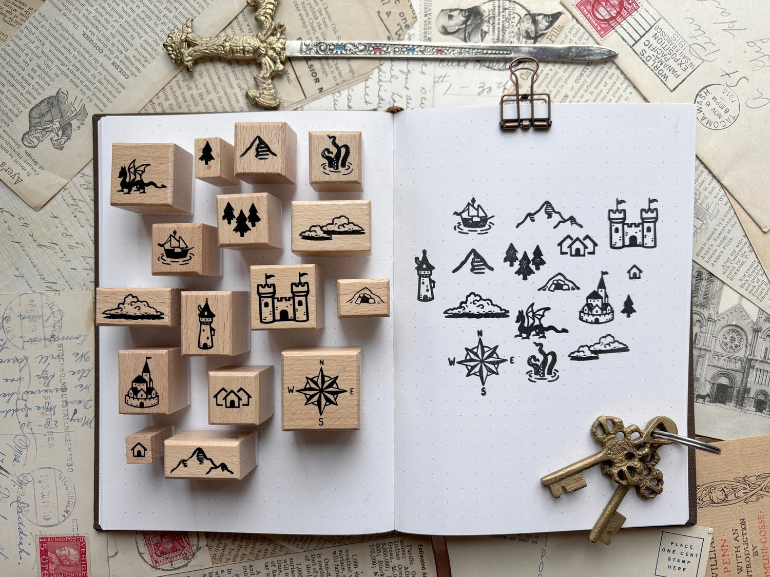 One set of 16 rubber stamps to DIY your own maps! Use this for brainstorming that next epic fantasy, or to keep track of locations in your ttrpg campaign. Stamps range in size from 10x10 to 30x30mm, and are each 24mm tall. The set will come packed in a cute little paper drawer box. 
