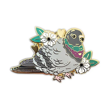 Celebrate your love for pigeons!

✦ Hard enamel
✦ Shiny gold metal
✦ 2 inches
✦ 2 Posts for extra security
✦ Rubber backings
✦ Back stamped for authenticity

Comes packaged on a backing card.