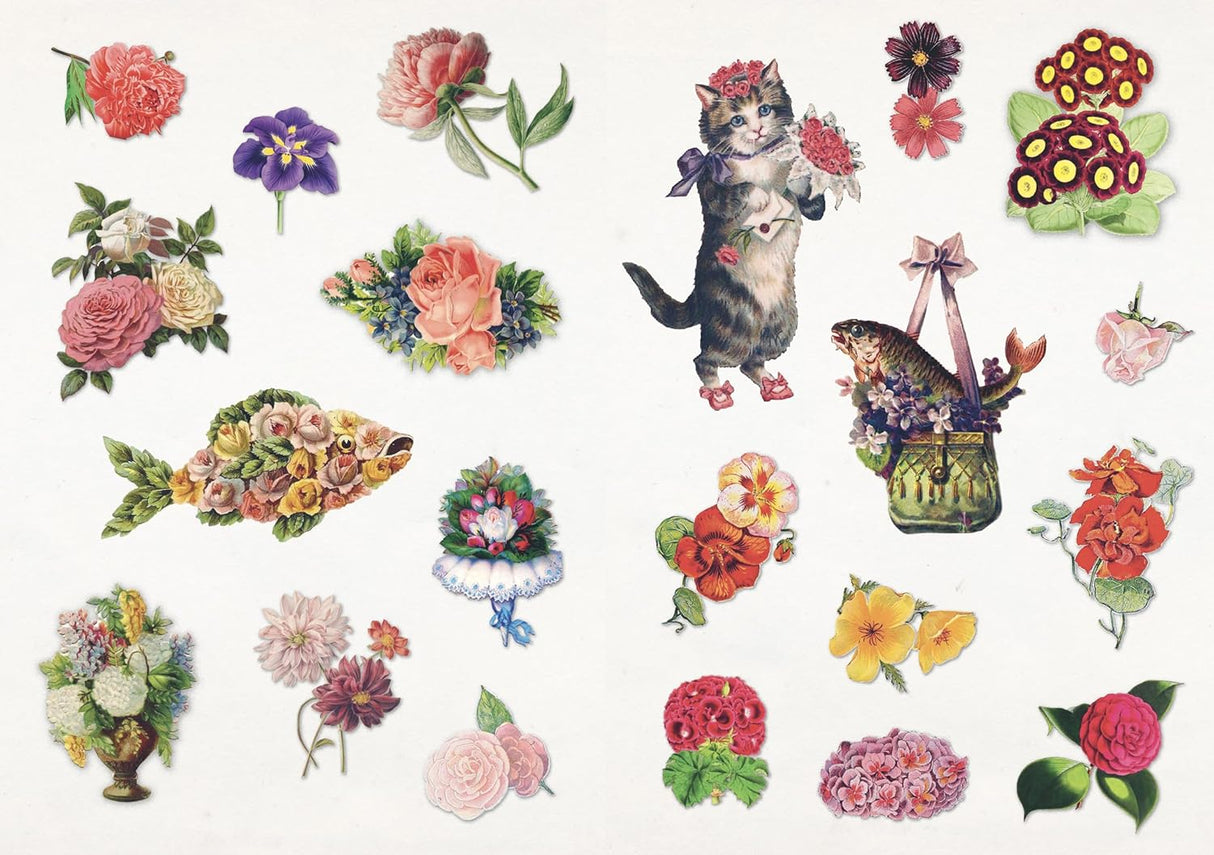 With hundreds of sticky curiosities ready to beautify your junk journal or collage, this book is the perfect companion to The Ransom Note Sticker Book. This cute little sticker book is packed with extraordinary images that can be used for scrapbooks, journals, collaging, and many other creative pursuits.

The stickers are all vintage illustrations. There are 40 spreads of stickers, over 600 altogether, presented in categories and interspersed with quirky vintage backgrounds. Examples include: Vintage cute t