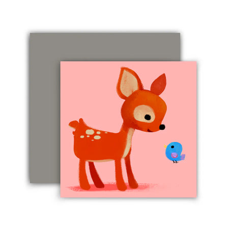 This illustration features a deer with a birdie friend on a pink background with a blank interior to write your own greeting.&nbsp;

Single card includes 1 folded card + 1 envelope
Blank inside

Dimensions: 2.75 x 2.75 inch
Designed and illustrated by Aggie Cheung for The Little Red House
