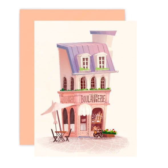 This card iIllustration features lavender-roofed pink&nbsp;bakery with outdoor seating&nbsp;inspired by Paris boulangeries

Single card includes 1 folded card + 1 matching envelope
Blank inside

Dimensions: 4.25 x 5.5 inch
Designed and illustrated by Aggie Cheung for The Little Red House