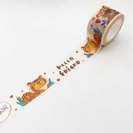 Measures: 2.5cm x 10m long

Illustration features friendly tigers and a message of "Hello Friend" against a cream background with hearts. Washi tapes are a great crafting supply for notebooks or journals, snail mail, wrapping gifts, or labeling items in your home! These are made with quality easy-to-tear washi paper and a gentle adhesive.

Designed and Illustrated by Aggie Cheung for The Little Red House

Made in Taiwan