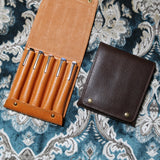 This case for fountain pens can hold five pens individually.

Lined with pig suede for a luxurious look and feel, your precious pens will be well protected and carried.

The buttons are original, made of solid brass and stamped with T.S.L.

SIZE :&nbsp;L13cm × H15cm


COLOR : Camel / Brown&nbsp;/ Black


MATERIAL :&nbsp;Cow leather

Leather Products:

The leather used in this product is natural leather.
We do not use scratches that lead to tears or rips, but we use scratches and wrinkles that are originally