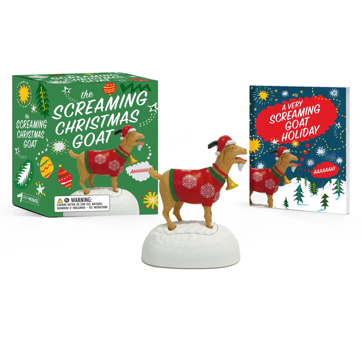 He's baaaaack! This very merry Christmas version of the wildly popular original screaming goat is perfect as a gag gift at office holiday parties, gifting to your friends, or adding some festive flair and humor to your holiday season.   ·Specifications: Includes a 3" mini Christmas screaming goat figurine decked out in an ugly holiday sweater, Santa hat, and jingle bell collar   ·With Sound: The Christmas goat’s incredibly lifelike and signature scream plays when the snow mound base is pressed   ·Book Inclu