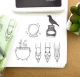 Our beloved Unfamiliars are now available as a family complete with a few new friends: Edgar the Inky Crow, a cauldron and a crystal ball. Enchant your ink swatching, journal or planner with this fantasy nibs, inks and accessories.

Stamp sizes range from 0.5" x 1" to 1"x 1.75" 6 different designs in the set