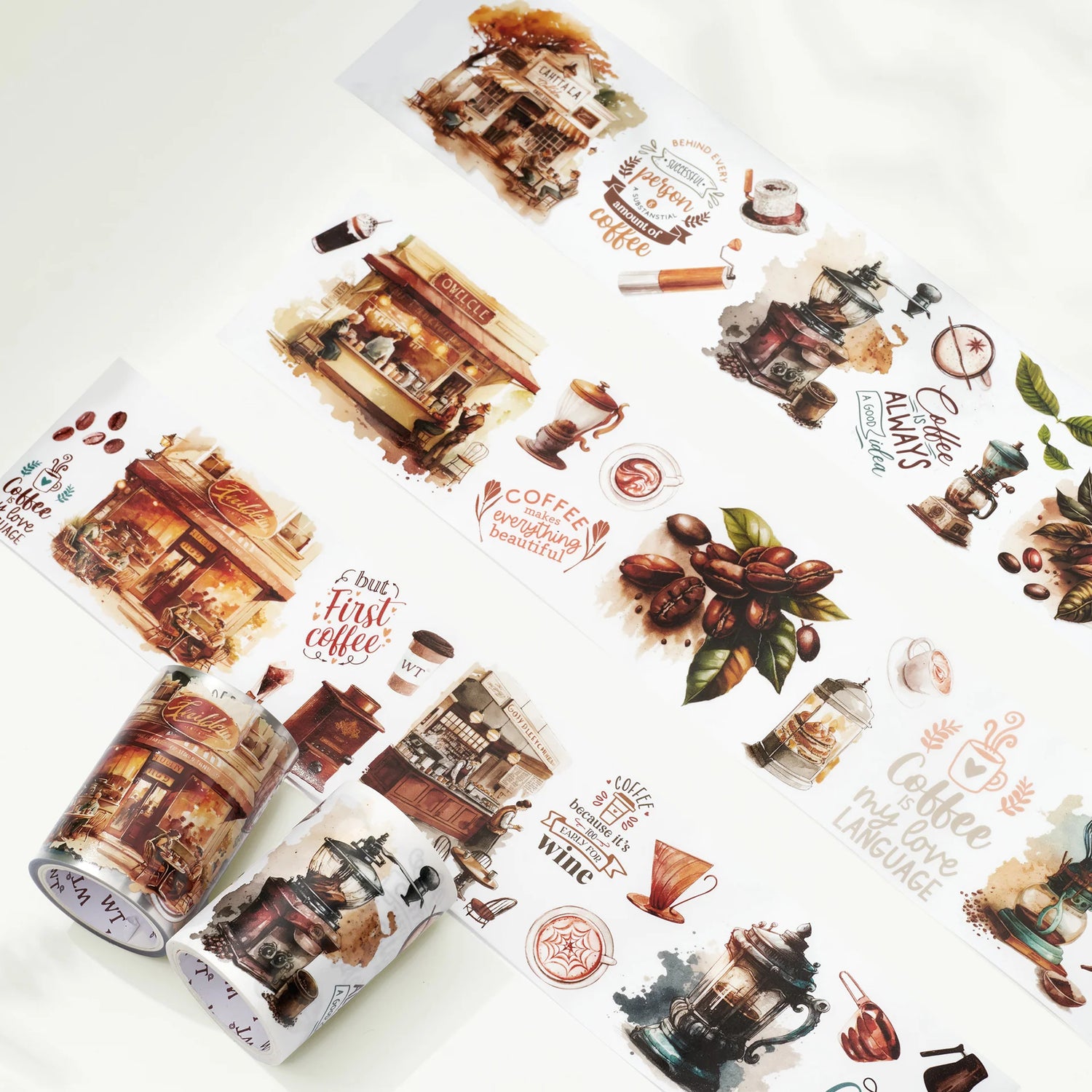 Introducing our Caffeine Canvas Washi Tape Set, a must-have for coffee lovers and craft enthusiasts alike! This set brings together the perfect blend of creativity and caffeine, featuring a delightful assortment of coffee-related designs.

Indulge your artistic side as you adorn your journals, scrapbooks, and DIY projects with these charming coffee-themed patterns. From your favorite local coffee shops to aromatic coffee beans, this set offers a range of designs that capture the essence of your favorite