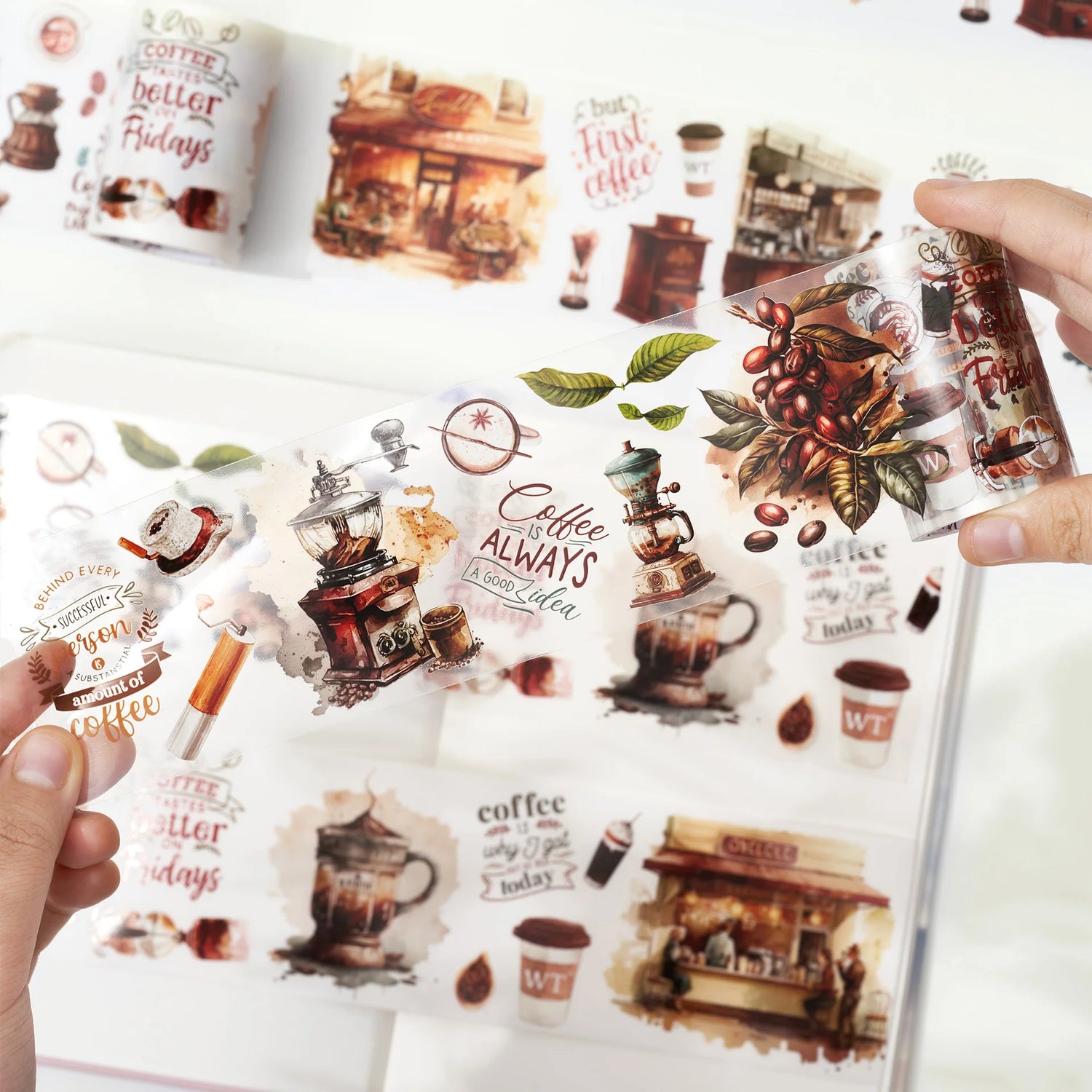 Introducing our Caffeine Canvas Washi Tape Set, a must-have for coffee lovers and craft enthusiasts alike! This set brings together the perfect blend of creativity and caffeine, featuring a delightful assortment of coffee-related designs.

Indulge your artistic side as you adorn your journals, scrapbooks, and DIY projects with these charming coffee-themed patterns. From your favorite local coffee shops to aromatic coffee beans, this set offers a range of designs that capture the essence of your favorite