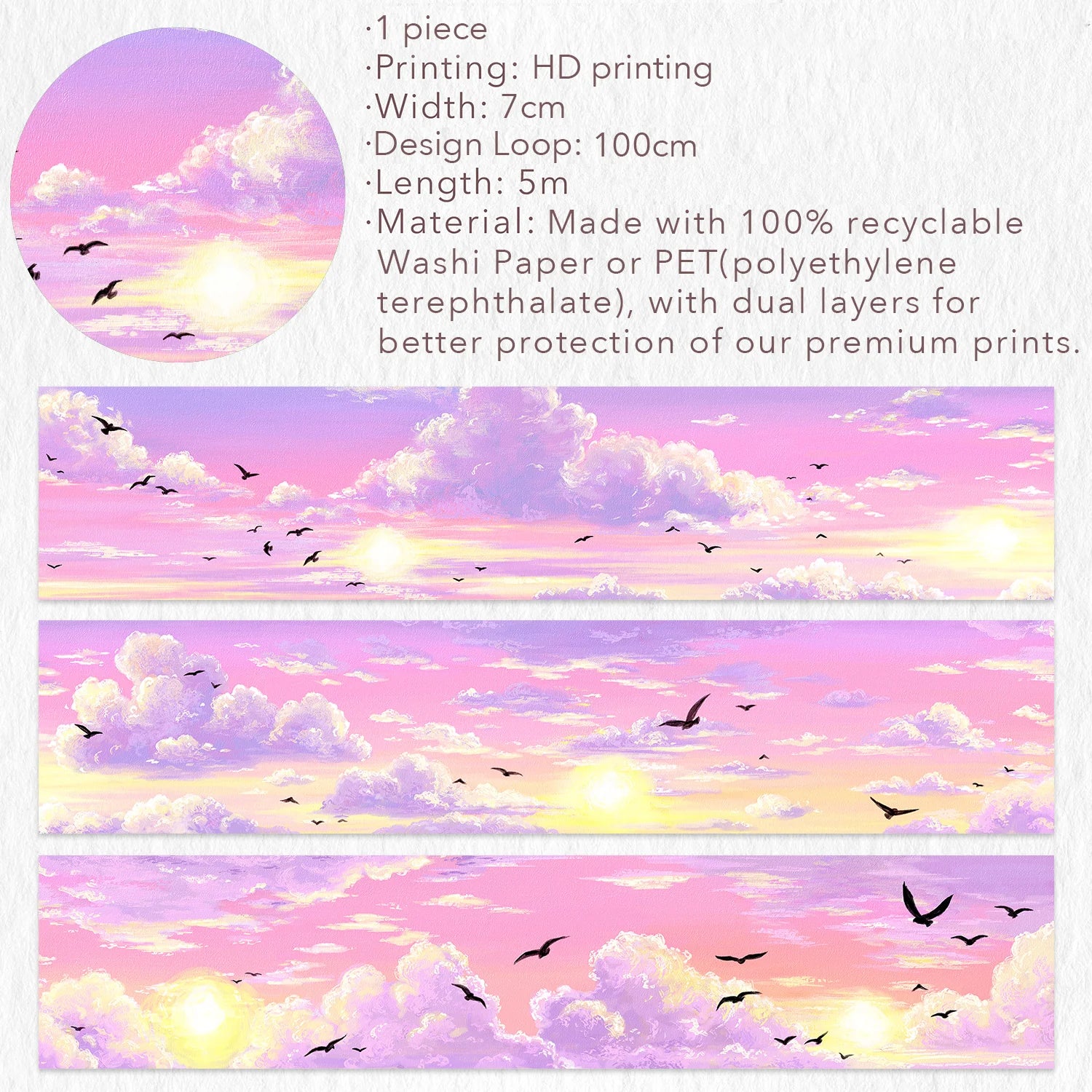 Capture the gentle embrace of evening with the Lotus Twilight Wide Washi/PET Tape. This tape embodies the softest part of the sunset. The design features a dreamy, seamless gradient that flows from a warm, glowing orange into a hazy, light lavender. Drifting through this pastel sky is a flock of silhouetted birds, gliding peacefully on the breeze. It brings a sense of calm and whimsy to your journal, perfectly replicating that quiet, cotton-candy sky moment just before the stars come out.