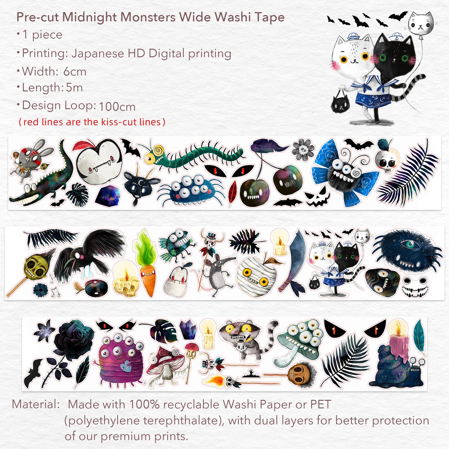 The Washi Tape Shop - Pre-cut Midnight Monsters Wide PET Tape