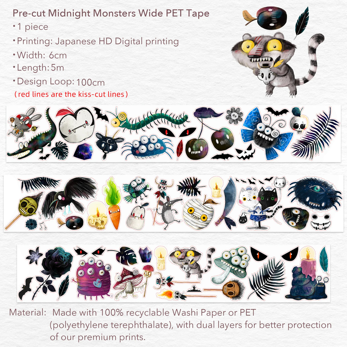 The Washi Tape Shop - Pre-cut Midnight Monsters Wide PET Tape