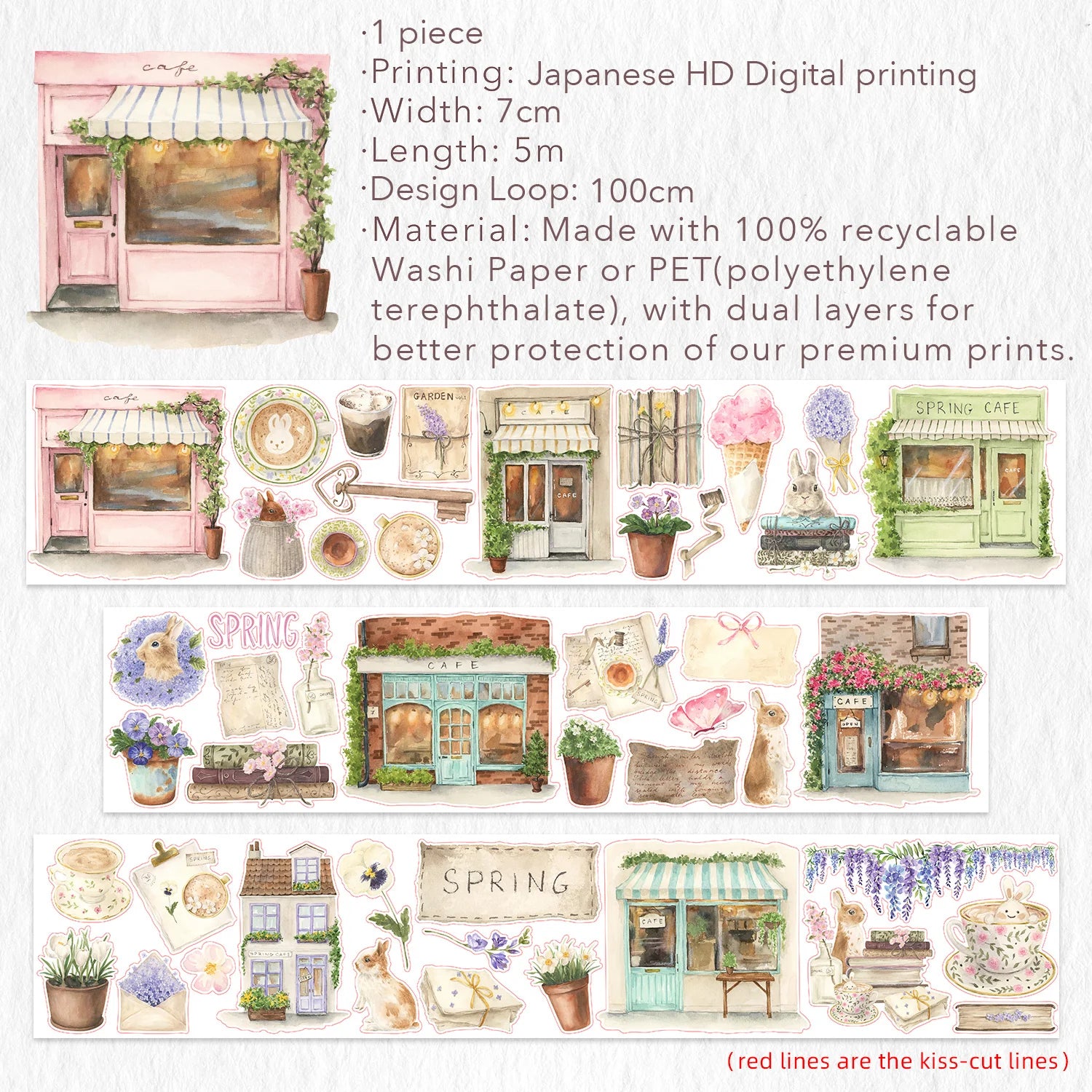 Celebrate the season of new beginnings with a design that marries architecture and nature. Our Spring Café Wide Tape is a watercolor love letter to the season, featuring quaint cafe facades almost hidden behind explosions of pastel bouquets and greenery.