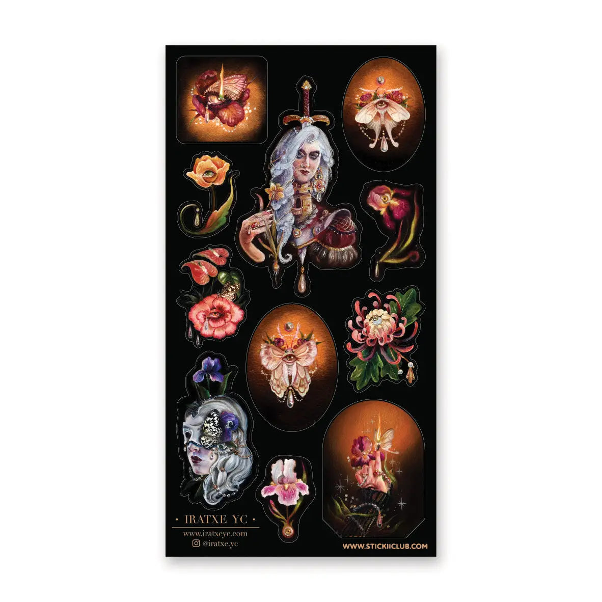 In @iratxe.yc’s shadowed garden, nothing is quite as it first appears. Jeweled flowers gaze back from curling stems, delicate moths wear watchful eyes, and a silver-haired guardian stands adorned in blossoms, gemstones, and armor. Rich with surreal beauty and dark botanical magic, this striking sheet reveals a forest where every petal may be hiding a secret.

Art by: @iratxe.yc

One sticker sheet is included.
Top Coating: None
Adhesive Layer: Paper
Backing Layer: Clear PET
Size:6.69"x3.54"
Weight-0.03oz