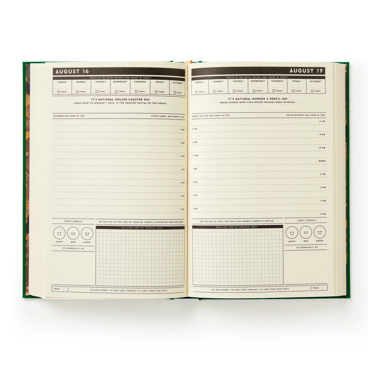 This undated daily planner gives each day a full page. It’s part planner, part journal, part trivia master. We’ve already filled in fixed holidays, celebrity birthdays, and quirky facts—just mark the day of the week and get going. Features a cloth-bound cover with embossed foil artwork, a ribbon bookmark, and 226 pages packed with charm, from hourly planning to note grids and surprising facts. Every page includes something unexpected—random holidays, trivia, and more. It's like your day got photobombed by a