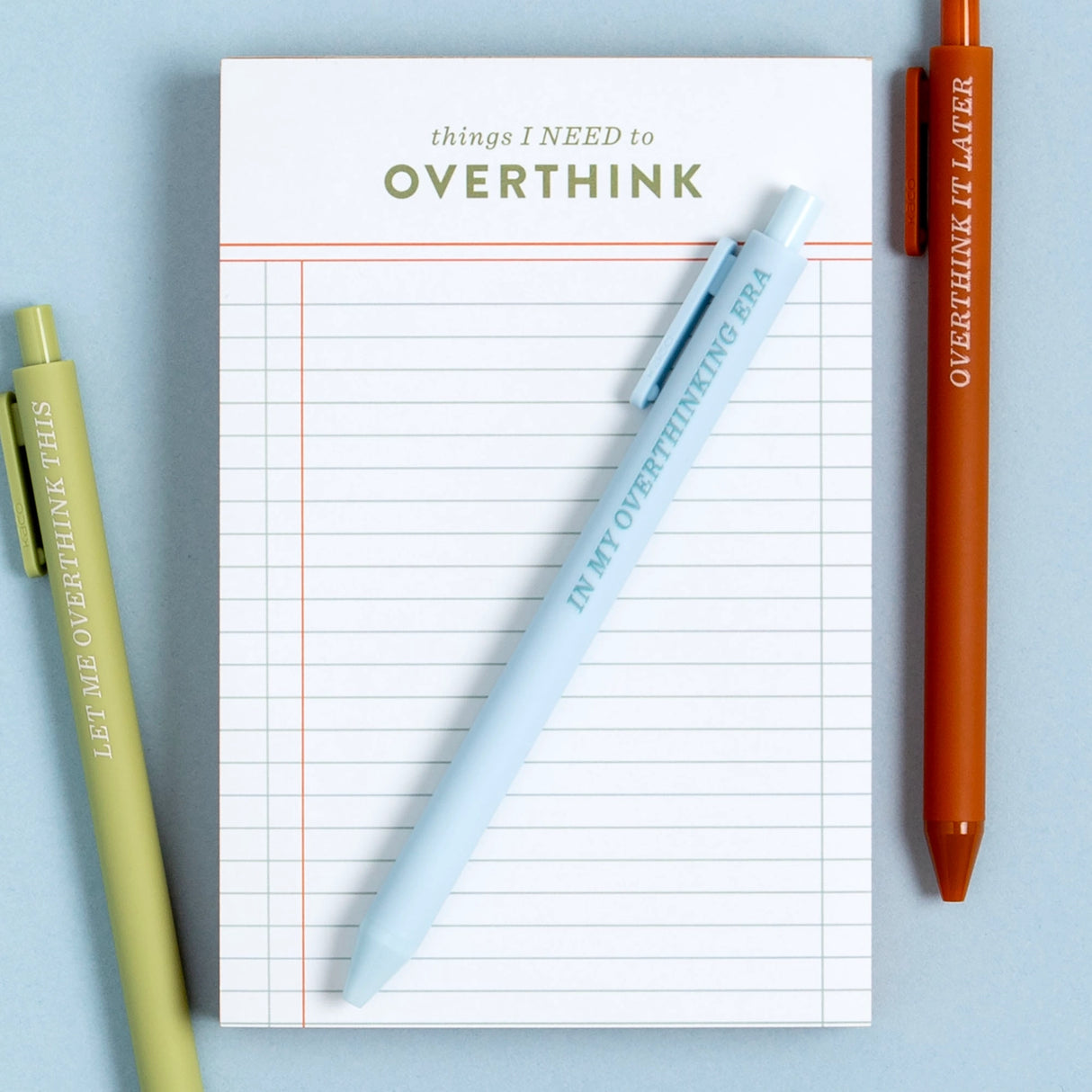 Keep track of every little detail with the Things I Need to Overthink Notepad. This 4” x 6” lined notepad is perfect for jotting down to-dos, plans, and those late-night thoughts you can’t shake. A great desk essential for list-makers, planners, and overthinkers, it makes a fun and practical gift for students, coworkers, or anyone who loves a good checklist. Bonus: colored page edges add a touch of personality to your note-taking!

Features:

120 sheets, lined pages with pink gilded edges&nbsp;
Size: 4×6"