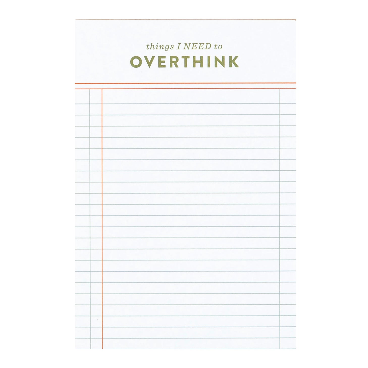 Keep track of every little detail with the Things I Need to Overthink Notepad. This 4” x 6” lined notepad is perfect for jotting down to-dos, plans, and those late-night thoughts you can’t shake. A great desk essential for list-makers, planners, and overthinkers, it makes a fun and practical gift for students, coworkers, or anyone who loves a good checklist. Bonus: colored page edges add a touch of personality to your note-taking!

Features:

120 sheets, lined pages with pink gilded edges&nbsp;
Size: 4×6"