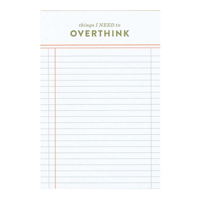 Keep track of every little detail with the Things I Need to Overthink Notepad. This 4” x 6” lined notepad is perfect for jotting down to-dos, plans, and those late-night thoughts you can’t shake. A great desk essential for list-makers, planners, and overthinkers, it makes a fun and practical gift for students, coworkers, or anyone who loves a good checklist. Bonus: colored page edges add a touch of personality to your note-taking!

Features:

120 sheets, lined pages with pink gilded edges&nbsp;
Size: 4×6"