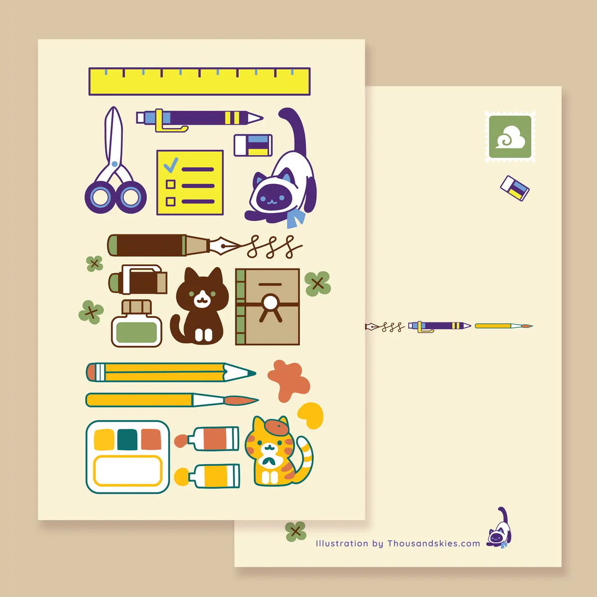 Thousand Skies - Back To School Cats Postcard

A playful and colorful illustration to brighten someone's day.

• 4 in x 6 in postcard
• Matte finish
• Heavy Cardstock

Please consider that monitor calibrations are all different. The color you see might slightly differ from the photo.

Design ©Thousand Skies