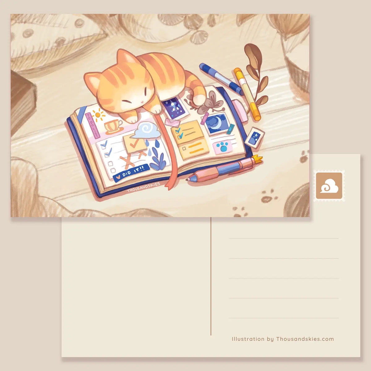 Thousand Skies - Kitten's Journal Postcard

A playful and colorful illustration to brighten someone's day.

• 4 in x 6 in postcard
• Matte finish
• Heavy Cardstock

Please consider that monitor calibrations are all different. The color you see might slightly differ from the photo.

Design ©Thousand Skies